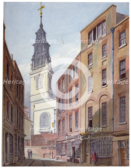 Church of St Michael, Crooked Lane and part of Crooked Lane, City of London, c1815.                  Artist: John Coney