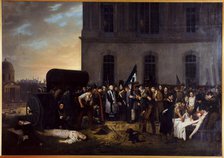 Provisional burial of July victims in front of the colonnade of the Louvre, 1831. Creator: Jean Alphonse Roehn.