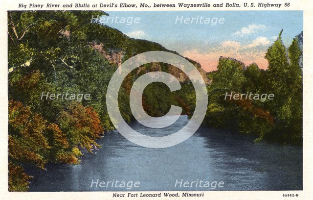 Big Piney River and Bluffs at Devil's Elbow, Missouri, USA, 1938. Artist: Unknown