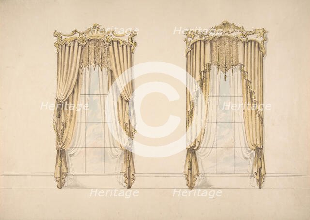 Design for Gold Curtains with Gold Fringes and a Gold and White Pediment, early 19th century. Creator: Anon.