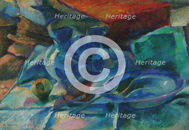 Natura morta di terraglie posate e frutta, 1915-1916. Creator: Boccioni, Umberto (1882-1916).