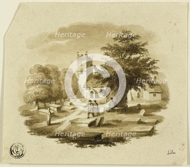 Figures in Cemetery Near Church, n.d. Creator: Charles Alfred Stothard.