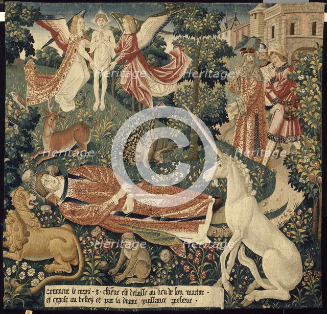 Unicorn. From: La Tenture de saint Étienne. Scène 8: Le corps du martyr exposé aux bêtes, c. 1500. Creator: Coter, Colijn de, after (ca. 1440/45-ca. 1522/32).