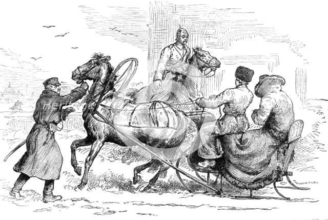 Sketches in St. Petersburg: sledge approaching the city stopped by police, 1881.  Creator: Unknown.