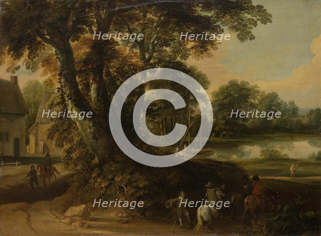 Landscape with a Group of Trees at the Shore of a Lake, Three Riders on the Road..., c1664-1670. Creator: Jacques d'Arthois.