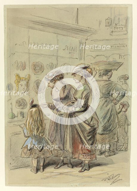 Two Ladies and Little Girl Before Hairdresser's Shop, n.d. Creator: Hablot Knight Browne.