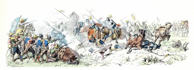 Thirty Years War. Attack of the German Imperial Lancers on the Swedish infantry. 17th century. Ge…