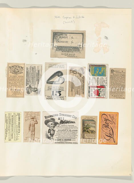 Album page with twelve tobacco coupons and labels, ca. 1888. Creator: Unknown.
