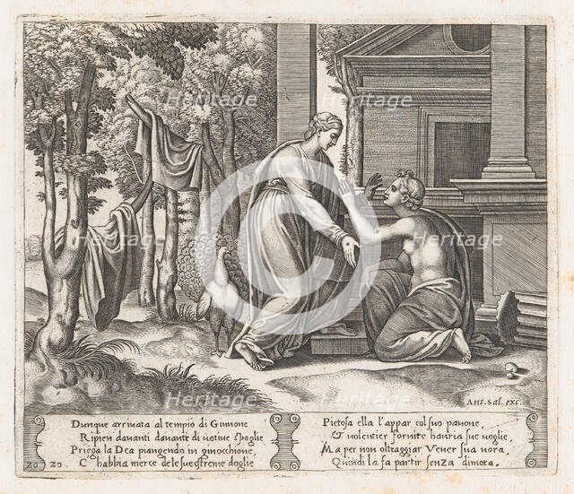 Plate 20: Juno, standing at left, sends away Psyche, who kneels before her, from the St..., 1530-60. Creator: Master of the Die.