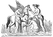 Nymphs attending the winged horse, Pegasus. Artist: Unknown