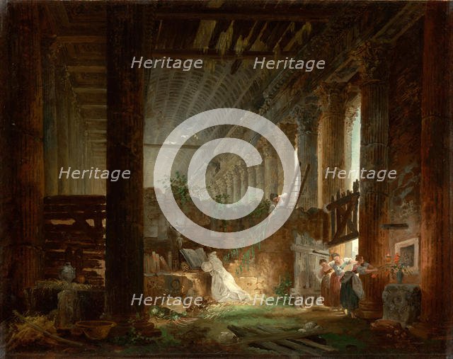 A Hermit Praying in the Ruins of a Roman Temple, ca 1760. Artist: Robert, Hubert (1733-1808)