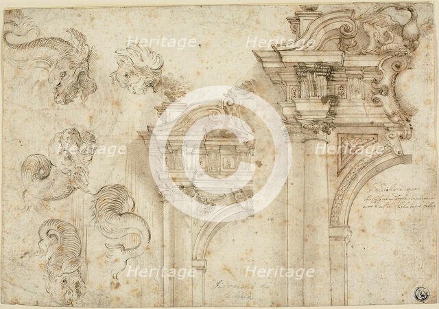 Sheet of Sketches: Sea Monsters and Elaborate Portals (recto), n.d. Creator: Agostino Mitelli.