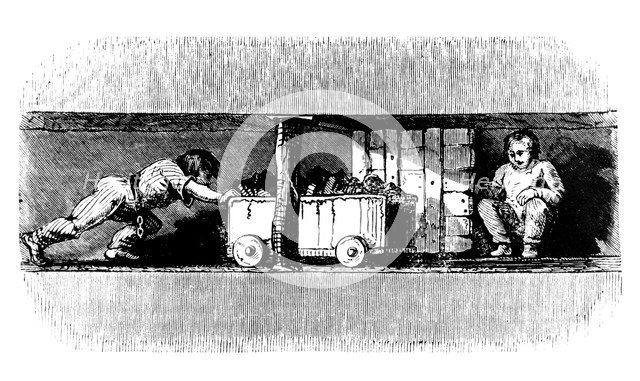 Boy pushing a truck loaded with coal from the coal face to the bottom of the pit shaft, c1848. Artist: Unknown