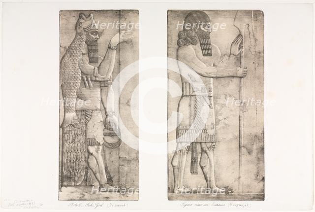 Monuments of Ninevah: Plate 6, Fish-god (Nimroud); Figure near an Entrance (Kouyunjik), 1853. Creator: Austen Henry Layard (British, 1817-1894).