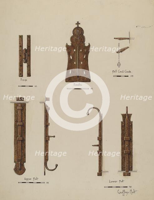 Hardware Details (of doors), c. 1940. Creator: Geoffrey Holt.