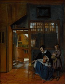 A Woman Preparing Bread and Butter for a Boy, about 1660-1663. Creator: Pieter de Hooch.