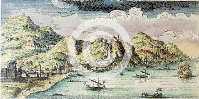 General view of the city of Malaga, engraving.