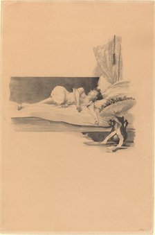 Illustration for "Jestrab Kontra Hrdlicka, XXII" (Girl asleep on a bed), c. 1890. Creator: Karel Vitezslav Masek.
