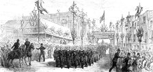 The Royal Visit to Swansea: the march past of volunteers at the Townhall, 1881. Creator: Unknown.