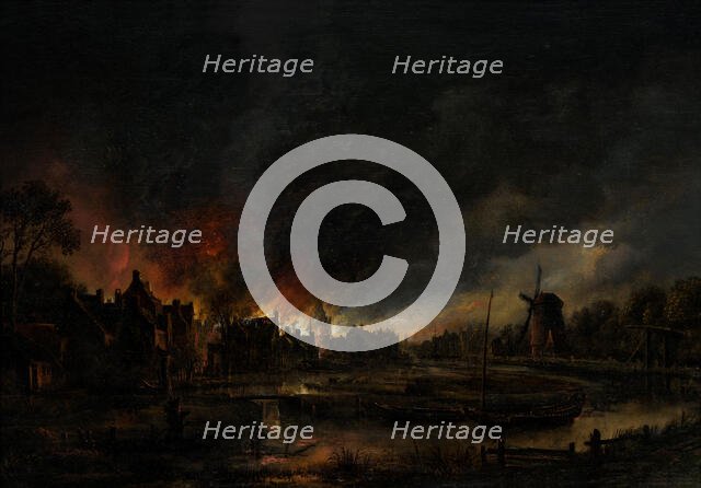 River Landscape with Burning Village, 1625-1650 or 1650-1675. Creator: Aert van der Neer.