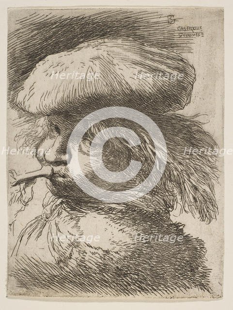 Young man with a trumpet facing left, from the series of 'Small Heads in Oriental..., ca. 1645-1650. Creator: Giovanni Benedetto Castiglione.