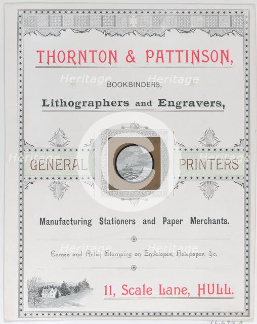 Trade Card for Thorton & Pattinson, Bookbinders, Lithographers and Engravers, 19th..., 19th century. Creator: Anon.