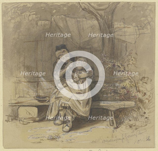 Woman feeding a small child outdoors, 1842. Creator: Jakob Dielmann.