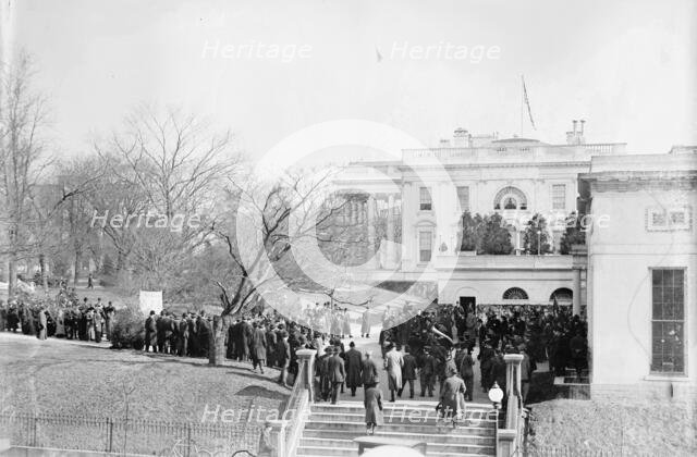 Woman Suffrage - at White House with Banners, 1914. Creator: Harris & Ewing.