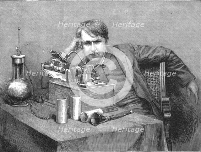''Mr.Edison's new Phonograph-Mr. Edison in his Laboratory receiving the first Phonograph from Englan Creator: Unknown.
