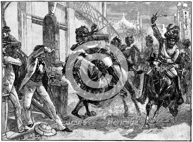 Mounted rebel Sepoys charging through the streets of Delhi, Indian Mutiny, May 1857 (c1895). Artist: Unknown