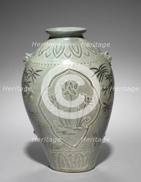 Vase with Inlaid Lotus, Plum, and Bamboo Design, 1300s. Creator: Unknown.