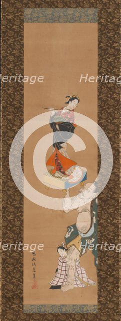 The Warrior Asahina Yoshihide Lifting a Puppet of a Courtesan on a Go Board , mid-18th century. Creator: Torii Kiyoshige.