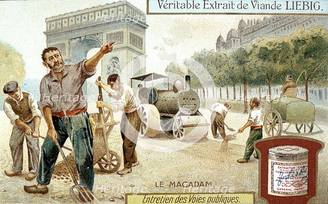 Laying a Macadam road surface and compacting it with a steam road roller, Paris, c1900 Artist: Unknown