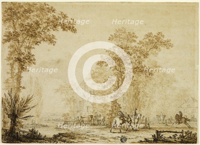 Soldiers Exercising Horses Near River, 1785. Creator: Jacques François Joseph Swebach-Desfontaines.