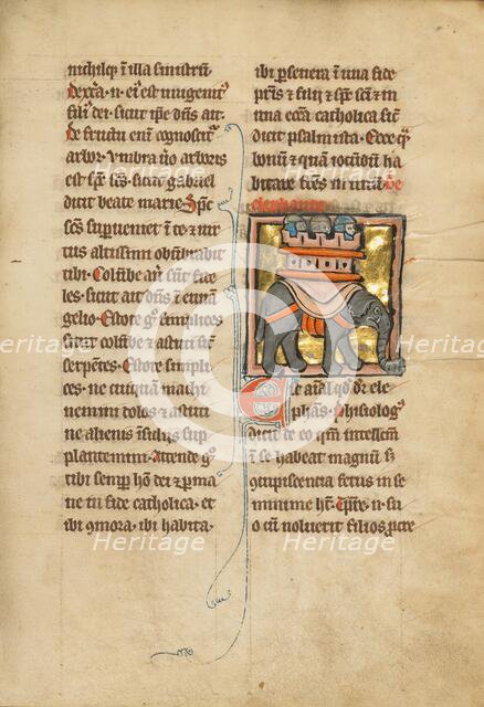An Elephant Carrying Three Soldiers; De Natura Avium; De Pastoribus et Ovibus, 1277 or after. Creator: Unknown.