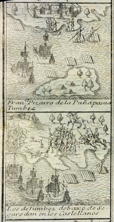 Francisco Pizarro of Puña arrives to Tumbez'. Pizarro arrived with 180 men and three ships to Tum…