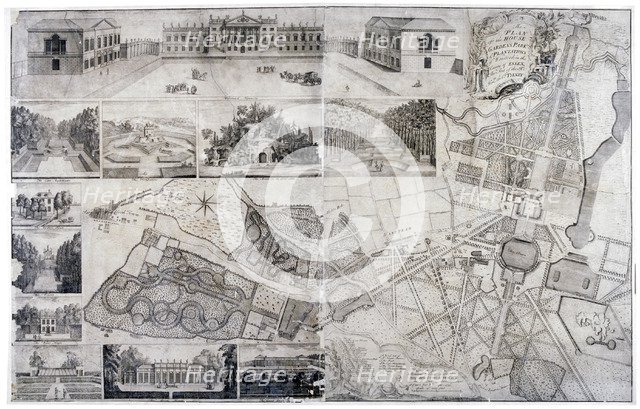 Plan and views of Wanstead House and Park in the borough of Redbridge, London, 1735. Artist: Anon