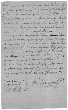 Letter stating that $500 was paid for the purchase of Joseph Boswell, signed by Langhorne, 1813. Creator: Unknown.