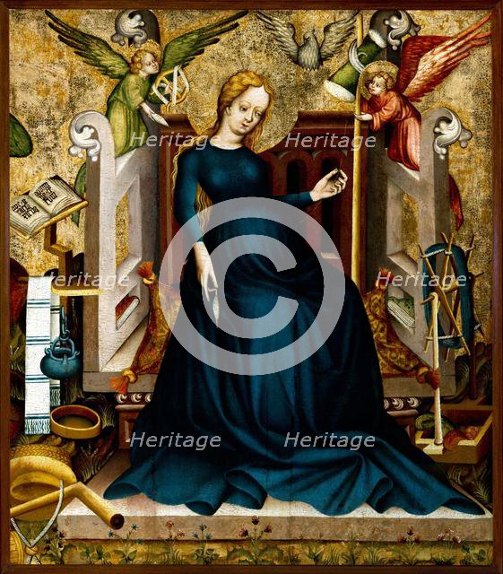 Mary at the Spinning Wheel from Güssing , c.1410. Creator: Anonymous.