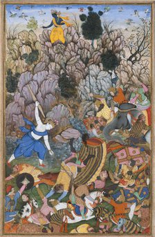 Balarama and Krishna Fighting the Enemy, Folio from a Harivamsa (The Legend of..., ca. 1590-95. Creator: Unknown.