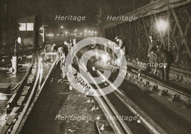 Repairing a railway track, Charing Cross Bridge, London, 20th century. Artist: Unknown