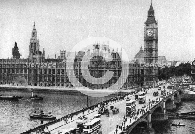 The Houses of Parliament and Westminster Bridge, London, 1926-1927. Artist: Unknown