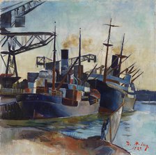 Coal ships in a harbour, 1929. Creator: William Rosenberg.