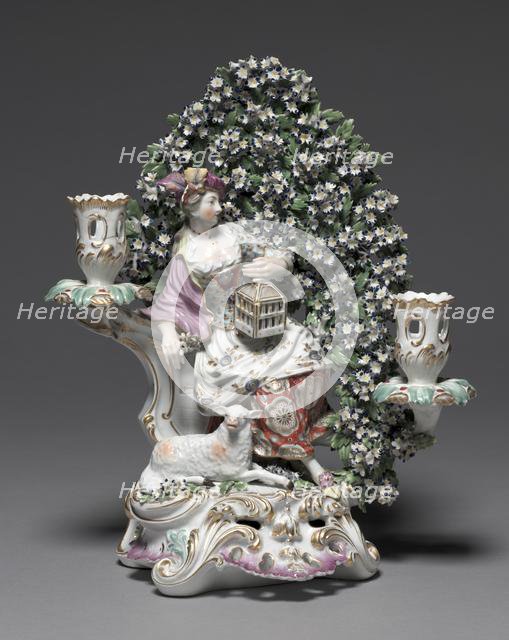 Candelabrum with Shepherdess Figure, c. 1775. Creator: Derby Porcelain Factory (Chelsea-Derby Period).