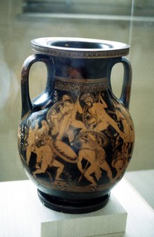 Greek vase decorated with figures of warriors fighting. Artist: Unknown