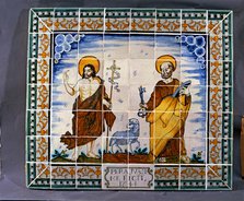 Catalan ceramics ceiling of the 18th century representing Saint Jean and Saint Peter. Set of poly…