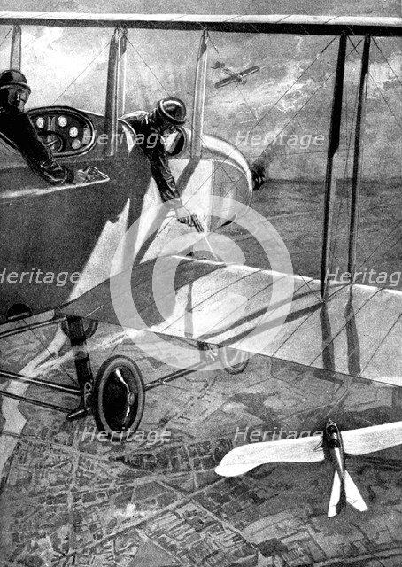 British biplane versus German Taube, First World War, 1914. Artist: Unknown