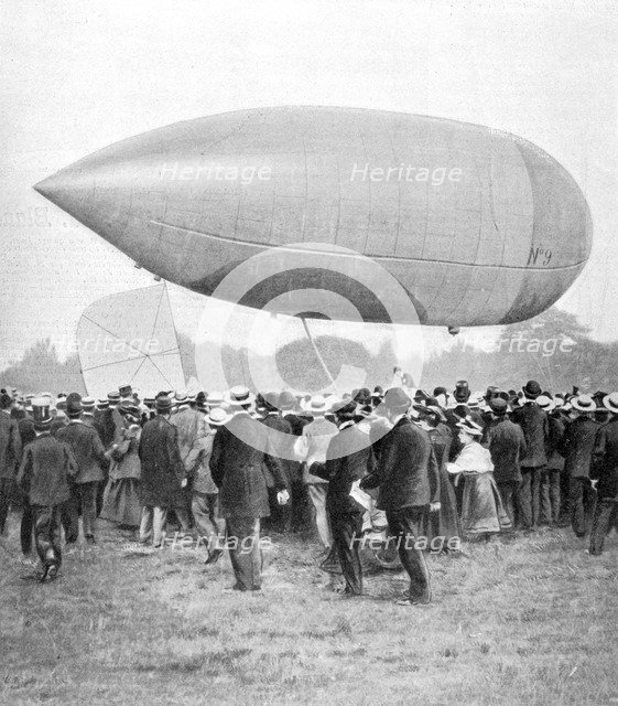 Alberto Santos-Dumont landing his airship number 9 in Longchamp, Paris, 1903. Artist: Unknown