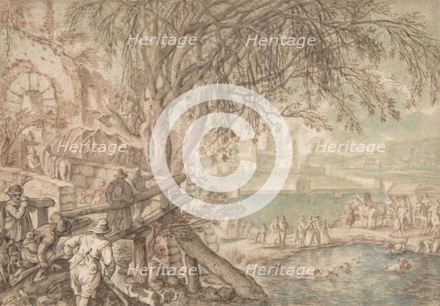 Huntsmen and Company Observing Dogs Retrieving Ducks in a Pond (The Month of April), c1610-20. Creator: Pieter Stevens.