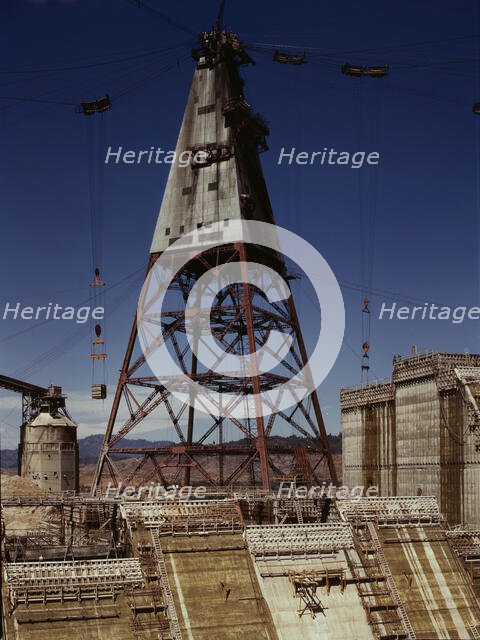 Central tower from which cable buckets carry materials used in...of Shasta dam, CA, 1942. Creator: Russell Lee.